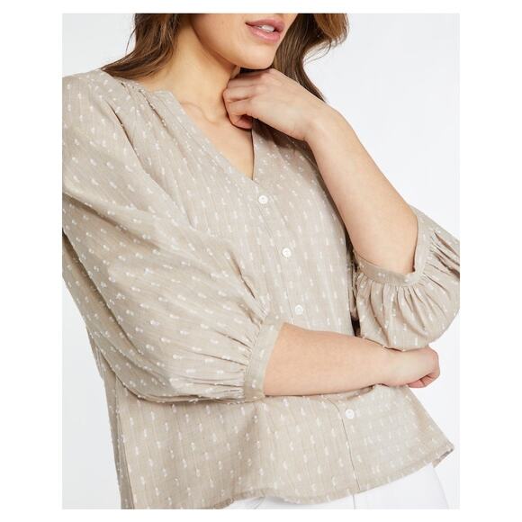 Badgley Mischka | Women | Sand Swiss Dot Cotton Puff Sleeve Blouse Top | Medium - Picture 14 of 14